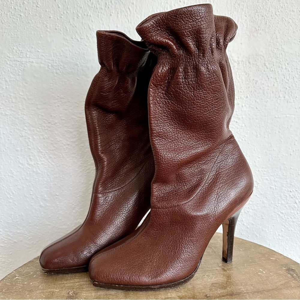 Cole Haan Nike Air GALI Brown Leather Boots Mid Calf Ruffle Top Size 8